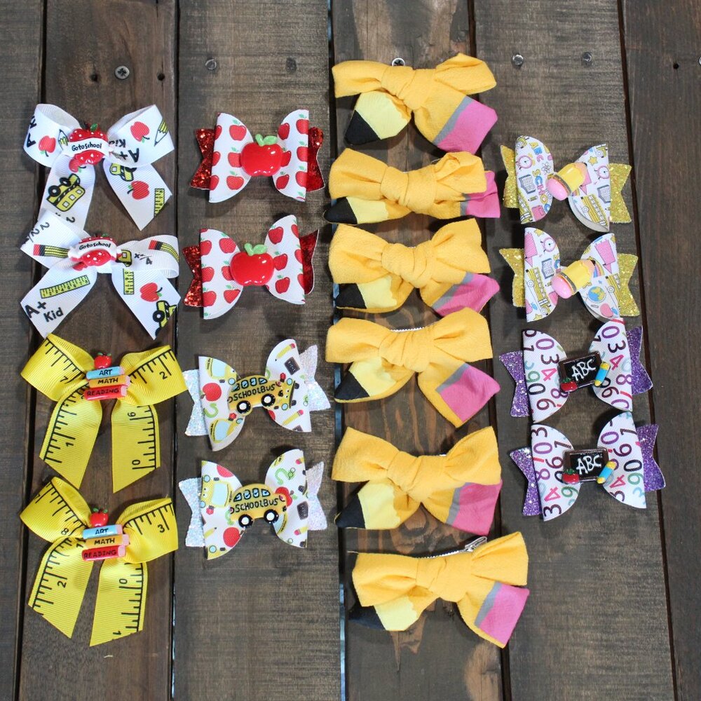 12 Pair "Back to School" Hair Bows For Girls